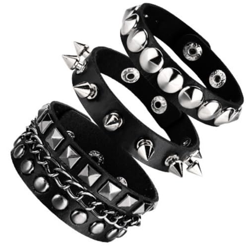 Ulekuke 3 Pcs Punk Rock Studded Bracelet Set Spiked Leather Cuff Bracelet for Men Women 80s Wristband Emo Bracelet Adjustable