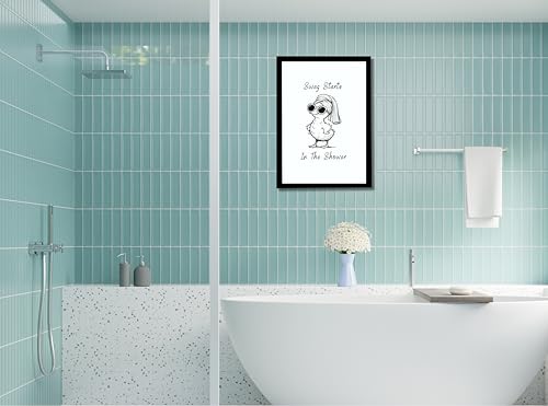 Image of Mira Mest Framed Bathroom Wall Decor | Funny Quotes & Cute Animal Art Prints | Quirky Toilet Signs & Guest Bath Decorations | Minimalist Black & White Washroom Signs | Ready to Hang Toilet Humor for Home & Powder Room (Shower Duck)