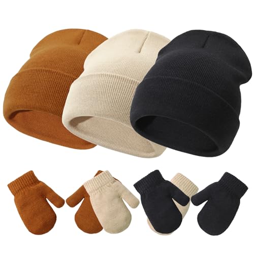 Baby Hats and Mittens Set Infant Toddler Beanie Caps Hospital Hat Set Newborn Gloves for Baby Boys Girls Khaki/Caramel/Black M