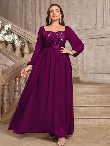 Image of MISSMAY Women's Plus Size Sequin Lace Evening Gown Chiffon Maxi Dress | Formal Gown Dress,Graceful Long Sheer Bishop Sleeves,Sweetheart Neckline,Flattering Empire Waist,Flowing Chiffon Long Dress