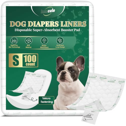 IMMCUTE Small Dog Diaper Liners 100 Count Ultra Absorbent Booster Pads with Hook & Loop Non-Slip Disposable Pads for Male Belly Bands Female Dogs in Heat & Incontinence