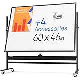 Rolling Dry Erase Board 60 x 46 - Large Portable Magnetic Whiteboard with Stand - Double Sided Easel Style with Wheels - Mobile Standing Whiteboard for Office, Classroom & Home