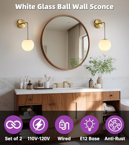 Image of Globe Wall Sconce Set of 2, Frosted White Glass Wall Lighting Fixtures with 2 Smart LED Bulbs for Bedroom Hallway Living Room Bathroom，Brass