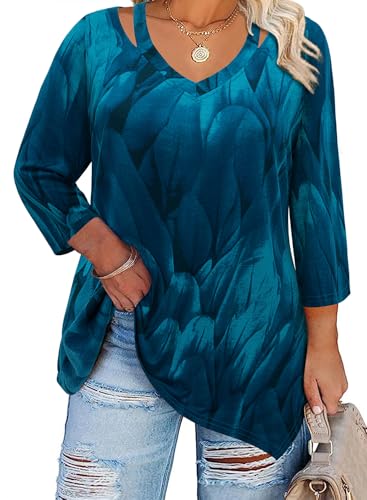 Amrto Plus Size Shirts for Women 3/4 Length Sleeve Tops Cotton Loose Fit Dressy Cut Out V Neck Tunic with Leggings(XL-5XL)