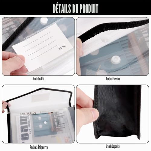 JMIATRY Lot de 8 Pochette Plastique A4 à Bouton Pression, Porte Document Extensible Transparent, Blanc, 33x25x8cm pour Bureau Voyage – vue 3