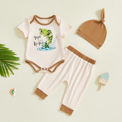 Image of Amnnchya Newborn Baby Boy Clothes Fishing Short Sleeve Romper Shirt Tops Pants Summer Spring Outfits Cute Hat Set