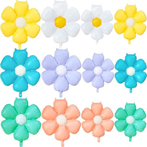 CUUSNNY Daisy Balloons-12 Pcs Colorful Foil Flower Balloons for Groovy Party Daisy Themed Birthday Wedding Baby Shower Decorations Supplies (Pink Yellow Blue Green White)