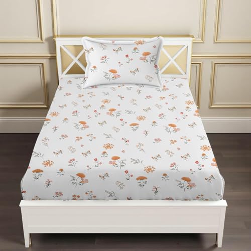 Image of 240 TC Soft Ezyption Floral Single Bed Sheet Cotton - Single bedsheet with 1 Pillow Cover Hypoallergenic, Brethable, (Size- 60 x 90 Inch | White Rust
