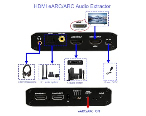 Extractor de audio HDMI eARC 4K conmutador 2 en 1 convertidor sonido optico coaxial 3.5mm HDR 2