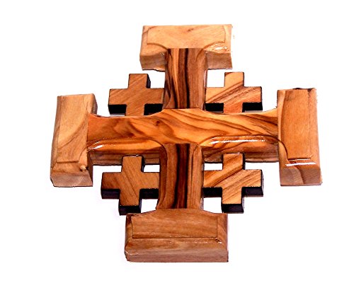 Holy Land Market Olive Wood Jerusalem Cross - Handcrafted Square Cross from Bethlehem, 4.1x4.1 in, Holy Land Decor