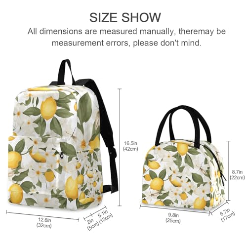 Backpack and Lunchbox, Lemon Blossom Backpacks with Lunchbox, Middle School Backpacks for Boys and Girls2