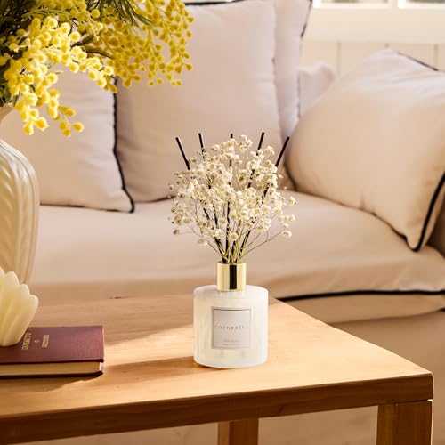 Image of COCORRINA Reed Diffuser - Gardenia 6.7 Fl.oz Reed Diffuser Set with Sticks & Preserved Baby's Breath, Reed Diffuser for Home Bathroom Shelf Decor