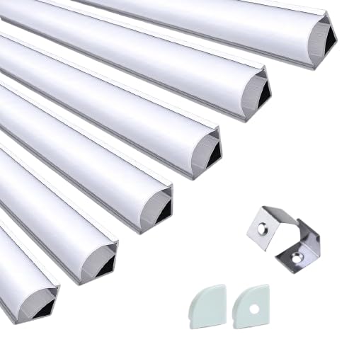 Image of LED Aluminum Corner Profile Channel Pack with Diffuser Cover, End Caps & Mounting Clips - 1 Meter LED Strip Housing for Cabinet, Shelf, Wardrobe & Ceiling Lighting (Pack of 6) 16x16mm