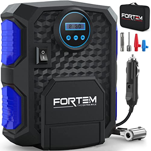 FORTEM Tire Inflator Portable Air Compressor, Bike Tire Pump, 12V Electric Air Pump for Car Tires and Bicycles w/LED Light, Digital Tire Pressure Gauge w/Auto Pump/Shut Off, Carrying Case (Blue)
