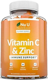 Vitamin C and Zinc Gummies for Adults & Kids - 90 Gummies - 45 Day Supply - 60mg Vitamin C as Ascorbic Acid - Orange Flavoured Chewable Gummy Supplement