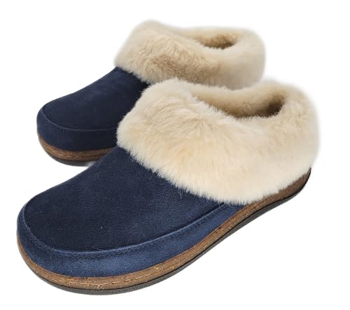 Clarks Womens Slipper Suede Leather Scuff Toe - Plush Faux Fur Collar/Lined With A Cork Midsole - Open Back Indoor Outdoor House Slippers For Women (Navy US 9)2