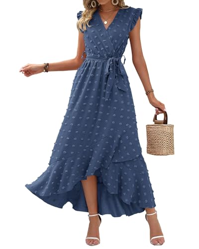 BTFBM Women V Neck Summer Dress 2025 Cap Sleeve Swiss Dot Boho Flowy Ruffle Slit Beach Party Long Maxi Cocktail Dresses