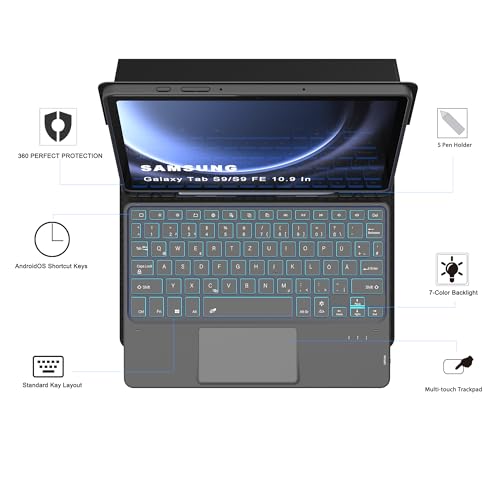 Tastatur Hülle für Samsung Galaxy Tab S10 Lite 10,9"/S10 FE/S9 FE/Tab S9 11 zoll -7 Farbige Beleuchtung Tablet Cover mit Stifthalter… – Ansicht 3