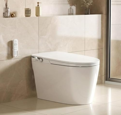 Smart Toilet with Bidet, Foot Sensor Activation, Heated Seat, Warm Water, Feminine Wash, Manual flip cover, Water Container for Low Pressure, White Cover with Black LED Light miniatura 5