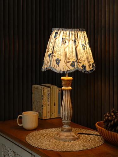 Image of Green Girgit Wooden Distress White Athens Lamp with Pleeted Multicolor Blue Floral Lotus Shape Lamp Shade