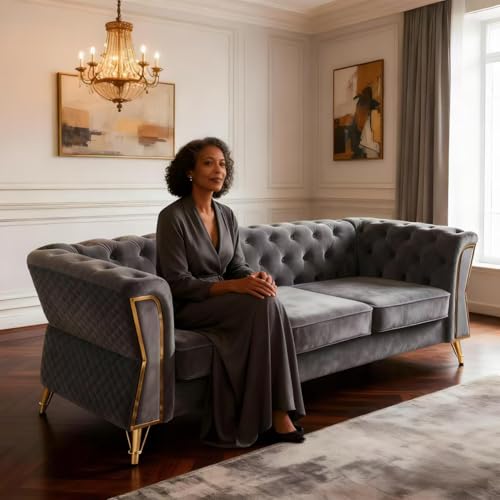 87.4" Modern Chesterfield Velvet Sofa Couch with Flared Arms & Gold Metal Legs, 3-Seater Tufted Upholstered Sofa with Diamond Quilted Sides & High-Density Foam for Living Room,Apartment,Office,Grey