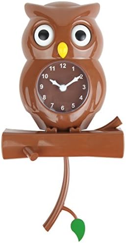 Lily's Home Pendulum Owl Clock with Revolving Eyes and Swinging Branch, Battery Powered and Wall Mountable, Wonderful and Whimsical Addition to Themed Bedroom Décor, Brown (15 Inches)