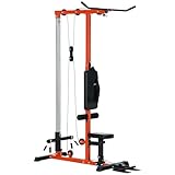 Soozier Cable Machine, LAT Machine with High and Low Pulley Stations, Cable Row Machine with Adjustable Seat and Flip-Up Footplate, for Home Gym, Black and Red