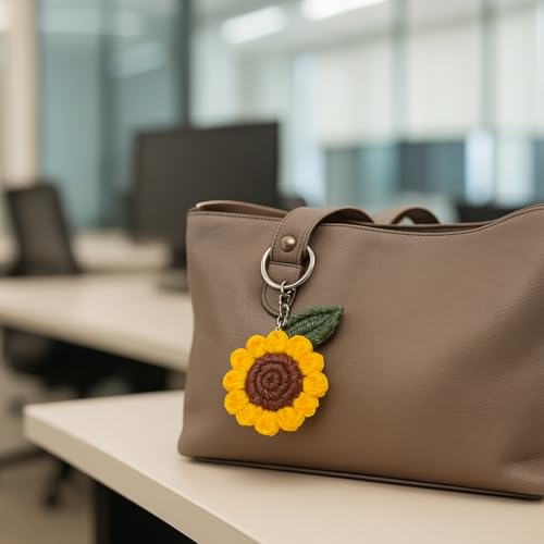 JCGI® Handmade Crochet Sunflower Keychain Decorative Cute Bag Purse Keyrings Charm Love Stylish Lightweight Motorbike Car Unique Personalized Keychain Girlfriend Sister Gift Travel Accessories
