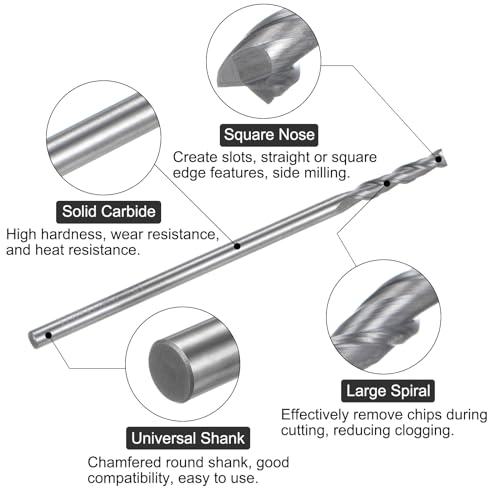 Image of uxcell Carbide Square End Mill, 1 /8 inch Diameter Uncoated 2 Flutes Milling Bit Cutter, for Aluminum Copper Non-Ferrous Metal, 1 /8 inch Shank 27 /32 inch Cut Length 3 inch Extra Long