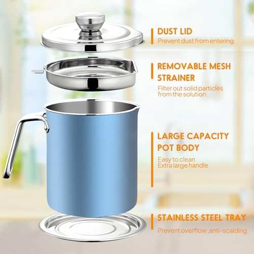 Image of Chihee Grease Container Stainless Steel Bacon Grease Saver with Fine Mesh Strainer 2L / 67.6 fl oz Cooking Oil Keeper Stoarge Can with Dust-proof Lid Non-slip Tray for Kitchen Frying