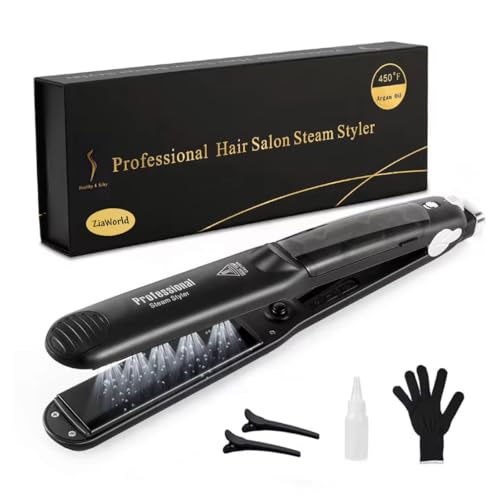 ZiaWorld Professional 2 in 1 Steam Flat Iron Hair Straightener & Curler Styler Tourmaline Ceramic Steam Hair Straightener Flat Iron Vapor Plate Glossy Hairs Adjustable Temperatures