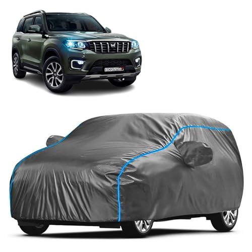Image of Kerwa Car Body Cover Waterproof Compatible with Mahindra Scorpio N | Scratch Proof, Anti-Dust, UV Protection | Windproof Buckle Strap | Fitted Bottom Elastic | Side Mirror Pockets-Grey