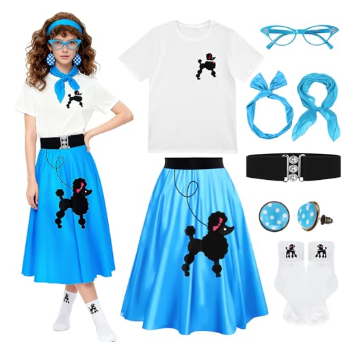 Maiteenly 8 Pcs Women 50s Poodle Skirt Outfit 1950s Dress Sock Hop Shirt Grease Costume Halloween Party Accessory(Blue,X-Large)