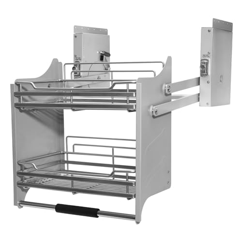 Pull Down Cabinet Organizer | 2 Tier Pull Down Shelf Spice Rack Organizer | Upper Kitchen Cabinet Storage | 45°Door Open Angle | Dark Grey | For Cabinet Interior Width: 22.13-22.44in