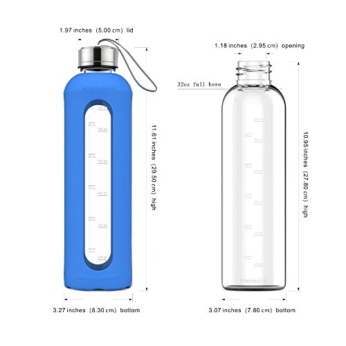 Glass Water Bottles With Times To Drink 32 Oz Water Bottle With Silicone Sleeve Motivational Water Bottle With Time Marker Waterbottle 1 Litre (Blue) #TOP2