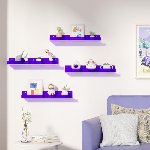 Image of upsimples 4 Pcs 15 inch Acrylic Shelves for Wall Decor and Display, Purple | Cute Floating Shelf for Perfume, Skincare, Nail Polish, Wall Organizer for Bedroom, Living Room, Playroom, Room Decor