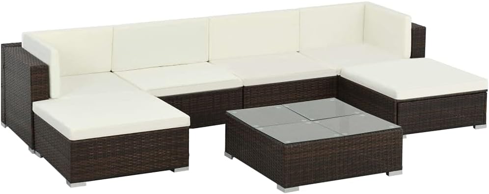 vidaXL Outdoor Patio Lounge Set- 7 Piece, Brown Poly Rattan, Weather-, Easy Maintenance, Comfortable- Includes 4 Sofas, Table, 2 Ottomans