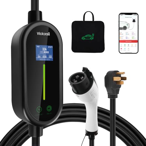 Vickxsii Level 2 EV Charger, Electric Vehicle Portable Charger Adjustable Current （240V 32A） with 16FT Cable, Home Waterproof Mobile EV Charging for SAE J1772 Electric Cars