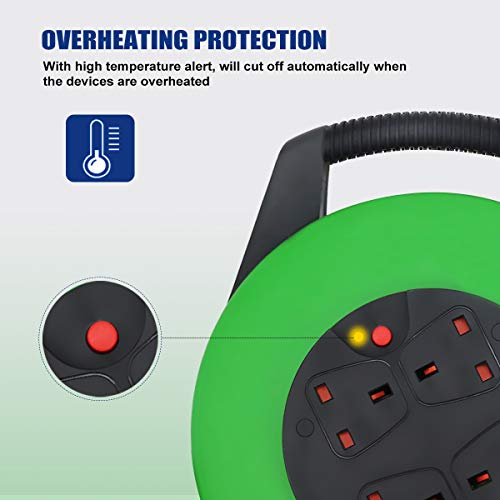 ExtraStar 13A Electrical Extension Reel, 4 Sockets Cable Reel with Winding Handle 1100W/3120W Thermal Cut Out, Heavy-Duty 10M Extension Lead - Green