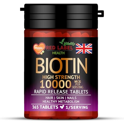 Red Label Health Biotin Hair Growth Supplement 10000mcg - 365 Vegan Tablets (1 Year Supply) - Hair Skin & Nails Vitamins for Women & Men - High Absorption D-Biotin - Hair Growth Vitamins