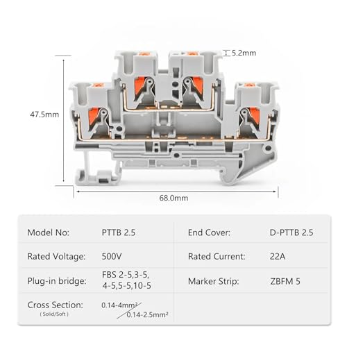 Bloques de terminales de riel DIN PTTB 2.5, conectores de resorte de doble capa naranja 5
