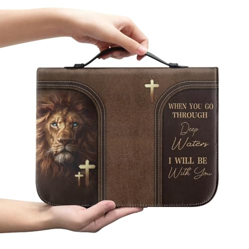Glomenade PU Leather Bible Cover Case for Womens Girls Lion & Cross Scripture Print Bible Cover Bags with Handle Easy to Carry Portable Large Capacity Scripture Bag