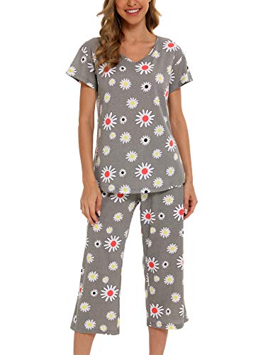 Enjoynight Women's Pajama Short Sleeve Sets Top With Capri Pants Sleepwear Sets Loungewear(Small,Flower) #TOP3