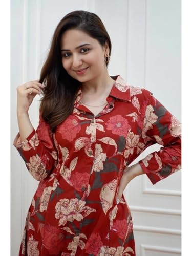 Image of DHRUVI TRENDZ Anarkali Kurta-Set for Women - Viscose Rayon Printed Kurta & Straight Pant | Festive Ethnic Indian Traditional Outfit for Functions & Puja | Lightweight Two Piece Dress for Daily Wear & Holiday Look | 3 /4 Sleeve