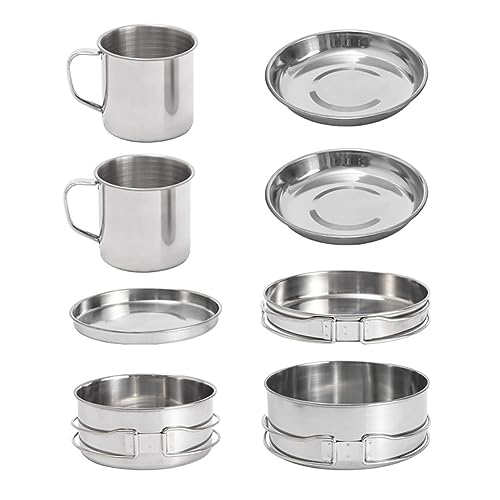 Gaderth Camping Cookware, 8PCS Camping Cookware Mess Kit, Mini Picnic Camping Cooking Mess Kit with Pot/Pan/Cups, Stainless Steel Cookware Kit for Outdoor Camping Backpacking Hiking Silver