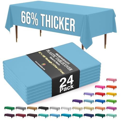 Exquisite 66% Thicker Premium Plastic Table Cloth Rectangle Table Cover 0.5 Mil 24 Pack Sky Blue Table Cloth 54 Inch x 108 Inch Disposable Tablecloth Won't Tear Easily Like Cheap Thin Brands