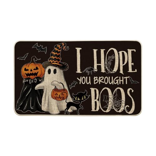 Artoid Mode Black Ghost Pumpkins Cat Halloween Doormat, I Hope You Brought Boos Spider Web Home Decor Low-Profile Switch Rug Door Mat Floor Mat for Indoor Outdoor 17x29 Inch