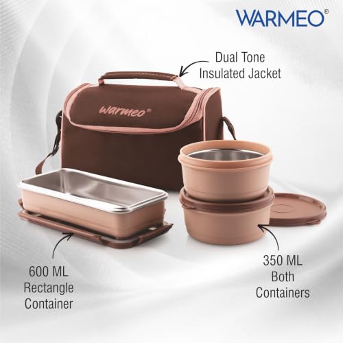 Image of WARMEO Micro Meal Microwave Safe Lunch Box | 1 Rectangular Container 600ml + 2 Round Container 350ml Each | BPA Free I Stylish Durable Jacket I Ideal for Office,School,Outdoor, Picnic,Brown