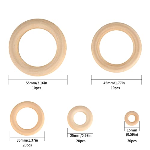 WELHAEPI 90 Stück Holzringe zum Basteln, Holz Ringe Natur, für DIY Handwerk Ring Anhänger Anschlussstück Schmuck Machen Spielzeug Serviettenringe, Holzkranz, Bastelring - 15mm, 25mm, 35mm, 45mm, 55mm