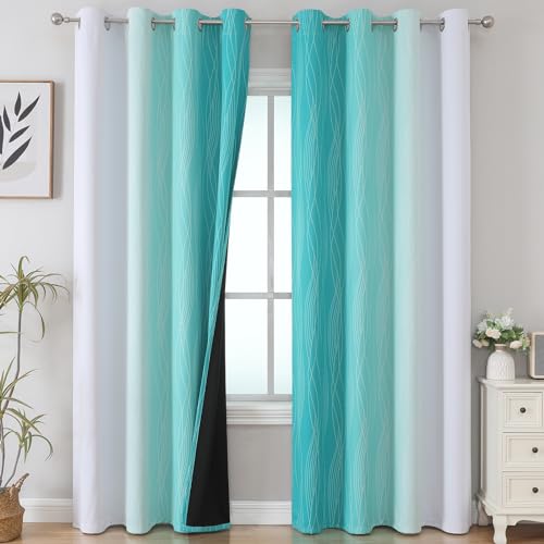 Estelar Textiler Teal and Grayish White Blackout Curtains 108 Inches Long, Thermal Insulated Drapes for Bedroom, Full Light Blocking Energy Saving Long Curtains for Living Room, 52Wx108L, 2 Panels